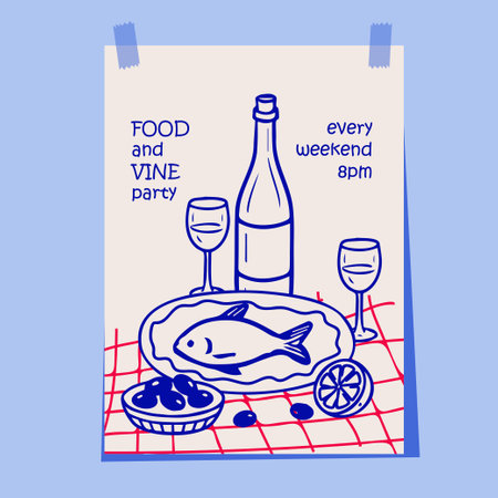 Hand drawn poster featuring a wine bottle, glasses, fish dish, olives, and lemon on a red checkered tablecloth with the text Food and Vine Party, every weekend 8pm. Perfect for food events. Vector illustrationのイラスト素材