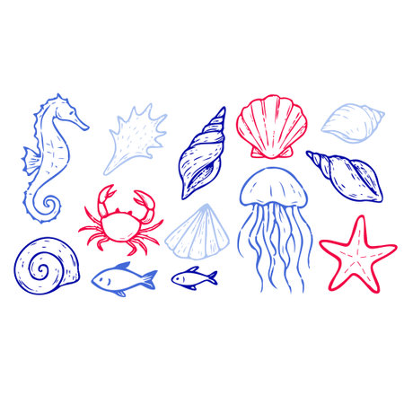 Hand drawn marine elements in blue and red line art: seahorse, shells, crab, fish, jellyfish, and starfish. Ideal for beach, ocean life, summer vacation, or educational sea themed designs. Vector illustrationのイラスト素材