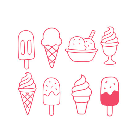 Flat line illustration of various ice cream types including cones popsicles sundaes and soft serve, perfect for desserts and sweet treat designs. Vector illustrationのイラスト素材