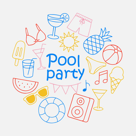 Colorful pool party poster with summer elements including ice cream, drinks, sunglasses, swimwear, and a speaker arranged in a fun circular design. Vector illustrationのイラスト素材