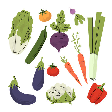 Colorful flat style illustration of assorted vegetables including carrots, eggplant, lettuce, tomatoes, peppers, and more. Ideal for healthy eating, farming, or market designs. Vector illustrationのイラスト素材