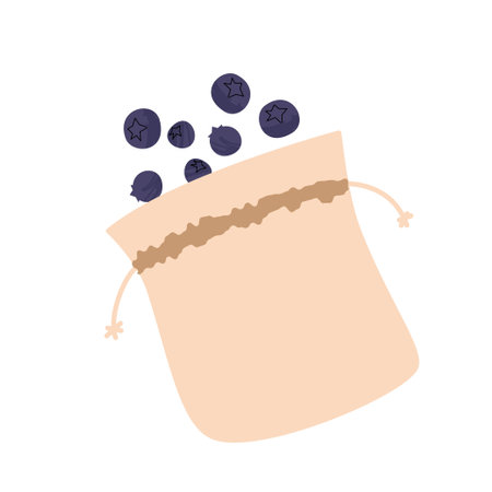 Reusable cloth bag filled with fresh blueberries. Minimal flat style illustration of zero waste shopping, eco-friendly produce storage, and sustainable food habits. Vector illustrationのイラスト素材