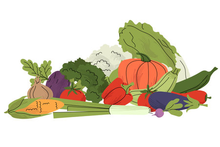 Colorful pile of fresh vegetables including pumpkin, eggplant, corn, lettuce, and tomatoes. Flat style illustration with a clean white background. Vector illustrationのイラスト素材