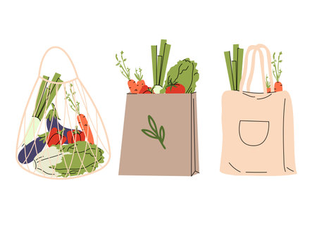 Illustration of three eco friendly shopping bags filled with fresh vegetables. Minimalist flat style perfect for promoting zero waste, farmers markets, or healthy living. Vector illustrationのイラスト素材