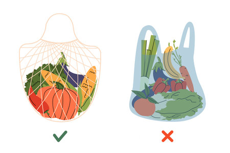 eco friendly and non eco grocery bags. reusable mesh bag filled with colorful vegetables and a plastic bag with assorted produce . Perfect for sustainability, environmental awareness visuals. Vector illustrationのイラスト素材