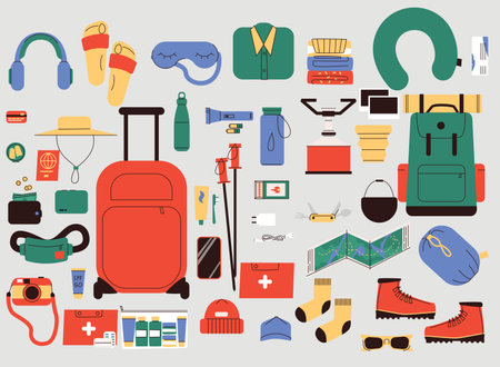 Colorful flat style travel essentials collection including a suitcase, backpack, camera, clothes, maps, hygiene products, and hiking gear. Perfect for packing guides, tourism promotions, . Vector illustrationのイラスト素材