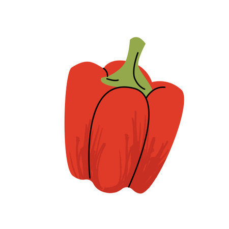 Bright red bell pepper illustration in a bold, flat style with green stem, isolated on white for food, recipe, or farm market design. Vector illustrationのイラスト素材