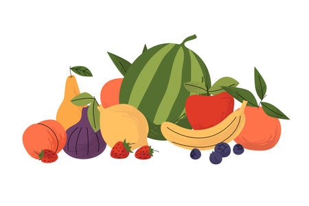 Fresh fruits including watermelon, apple, banana, lemon, fig, berries, and citrus. Colorful flat style composition on a white background. Vector illustrationのイラスト素材