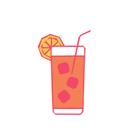 Illustration of a tall orange drink with ice cubes, a red straw, and a lemon slice. Perfect for summer, bar, or tropical themed projects. Vector illustrationのイラスト素材