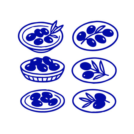 Set of hand drawn olives and olive branches in bowls and plates. Minimalist blue line illustrations, perfect for Mediterranean food themes and kitchen decor. Vector illustrationのイラスト素材