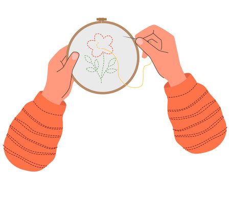 Hands embroidering a simple flower with a needle and yellow thread. Cozy DIY craft scene with red striped sleeves, perfect for hobby or handmade themed illustrations. Vector illustrationのイラスト素材
