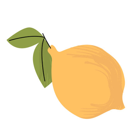 Minimalist lemon illustration in soft yellow with green leaves. Flat style, ideal for eco-packaging, recipe cards, or fresh food branding.のイラスト素材