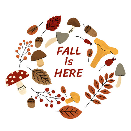 Autumn themed wreath made of mushrooms, leaves, berries, acorns, and the phrase FALL IS HERE in the center. Cozy, hand drawn style on a white background. Vector illustrationのイラスト素材