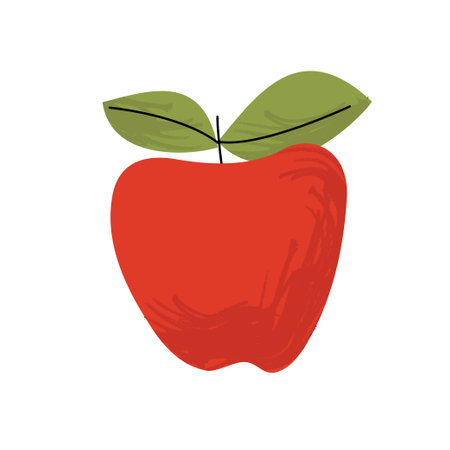 Bright red apple illustration with green leaves. Simple, bold design with textured shading. Ideal for packaging, organic branding, or educational materials. . Vector illustrationのイラスト素材