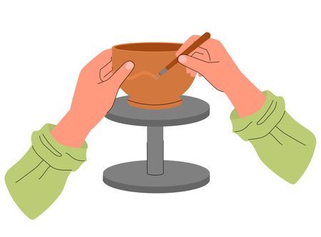 Hands decorating a clay bowl with a carving tool on a pottery wheel. Flat style illustration of ceramic art, showing traditional craftsmanship and attention to handmade detail. Vector illustrationのイラスト素材