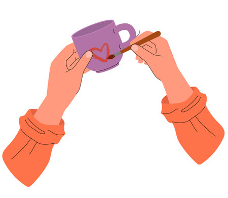 Hands painting a red heart on a purple ceramic mug using a brush. Flat illustration of DIY pottery decoration, capturing a creative and artistic handmade moment. Vector illustrationのイラスト素材
