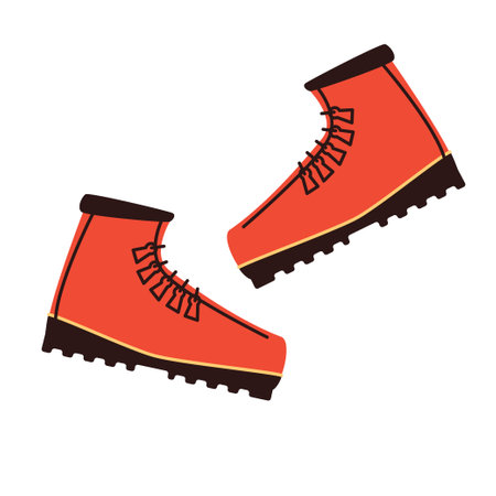 Flat illustration of a pair of red hiking boots with black soles and rugged laces. Represents outdoor footwear, trekking equipment, and mountain adventure essentials. Vector illustrationのイラスト素材