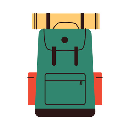 Flat illustration of a green camping backpack with red side pockets and a rolled sleeping pad on top. Represents essential gear for hiking, trekking, and outdoor travel adventures. Vector illustrationのイラスト素材