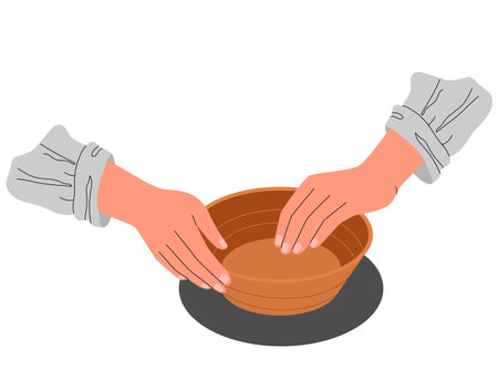 Hands shaping a clay bowl on a pottery wheel, viewed from above. Simple flat illustration of pottery making, showing creative handmade craftsmanship and traditional ceramic art. Vector illustrationのイラスト素材