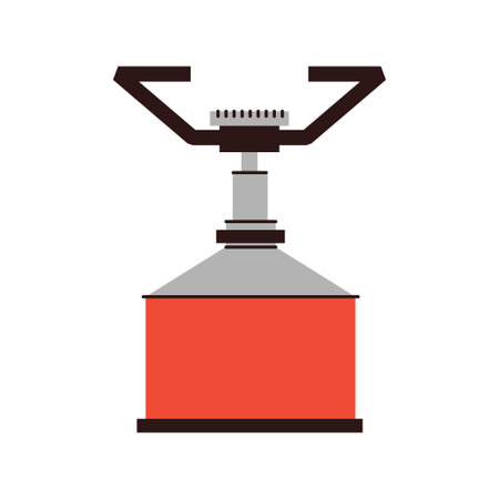 Flat illustration of a portable gas camping stove with a red fuel canister. Represents essential outdoor cooking equipment for hiking, backpacking, and wilderness adventures. Vector illustrationのイラスト素材
