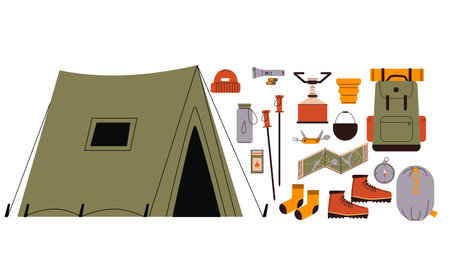Flat style illustration of camping essentials with a large green tent on the left and various gear on the right. Ideal for outdoor adventure and survival themes. Vector illustrationのイラスト素材