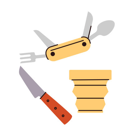 Flat illustration of camping utensils including a folding multi-tool with knife, fork and spoon, a fixed blade knife, and a collapsible cup. Represents essential gear for outdoor cooking and meals. Vector illustrationのイラスト素材