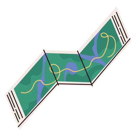 Flat illustration of a folded trail map with a yellow path line, green terrain, and blue rivers. Represents hiking navigation, outdoor exploration, and camping preparation. Vector illustrationのイラスト素材