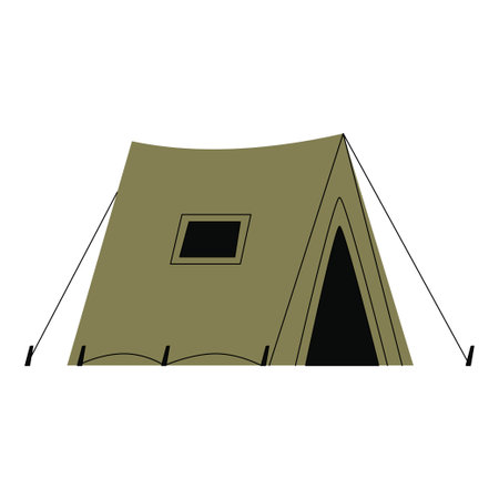 Flat illustration of a classic military style A frame tent with ropes and stakes. Features a window and entrance, representing camping, field shelter, or outdoor survival setup. Vector illustrationのイラスト素材