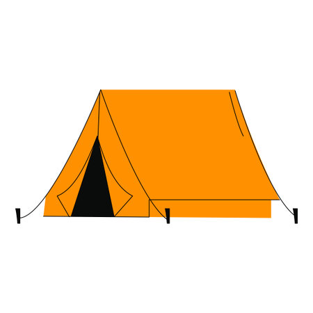 Flat illustration of a classic military style A frame tent with ropes and stakes. Features a window and entrance, representing camping, field shelter, or outdoor survival setup. Vector illustrationのイラスト素材