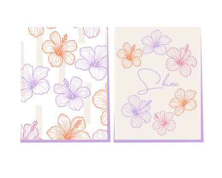 Elegant tropical floral cards with orange, lilac, and pink hibiscus flowers on soft backgrounds. Includes handwritten Shine message. Perfect for summer designs or greeting cards. Vector illustrationのイラスト素材