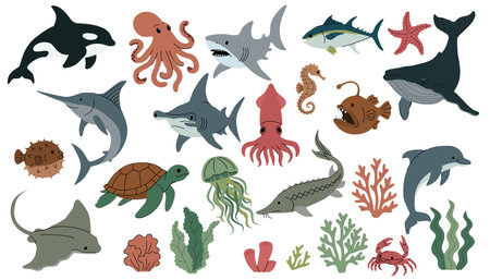 Collection of sea animals and ocean plants in flat cartoon style. Includes whale, shark, dolphin, squid, turtle, coral, seaweed, and more. Colorful marine life illustration. Vector illustrationのイラスト素材