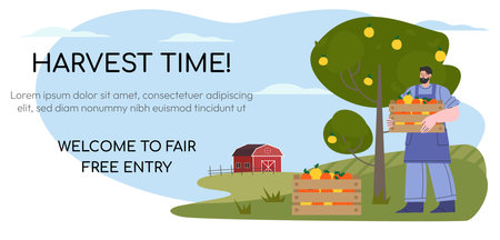 Farmers at work, agricultural worker harvesting crops. Apple harvesting. Life in farm, beautiful landscape. Web banner Flat vector illustration. Vector illustrationのイラスト素材