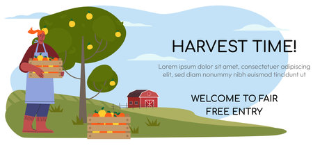 Farmers at work, agricultural worker harvesting crops. Apple harvesting. Life in farm, beautiful landscape. Web banner Flat vector illustration. Vector illustrationのイラスト素材
