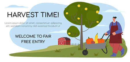Farmer at work, agricultural worker harvesting crops. A female farmer carries a pumpkin harvest in a cart Pumpkin harvesting. Life in farm, beautiful landscape. Web banner Flat vector illustrationのイラスト素材