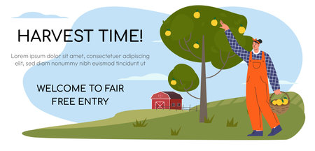 Farmers at work, agricultural worker harvesting crops. Apple harvesting. Life in farm, beautiful landscape. Web banner Flat vector illustration. Vector illustrationのイラスト素材