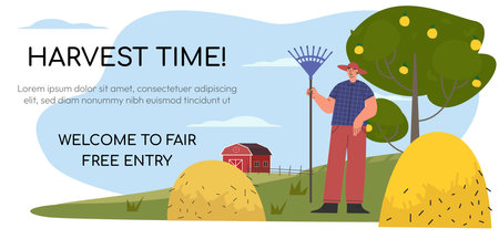 Farmer at work, agricultural worker collects hay. Life in farm, beautiful landscape with farm house. Web banner Flat vector illustrationのイラスト素材