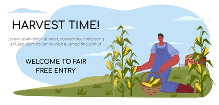 Farmers at work, agricultural worker harvesting crops. Corn harvesting. Life in farm, beautiful landscape. Web banner Flat vector illustration. Vector illustrationのイラスト素材