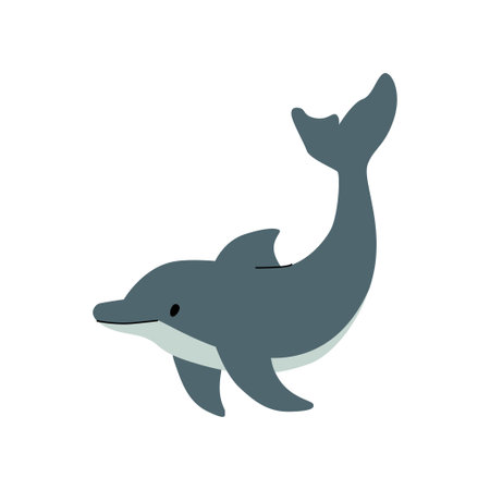Simple flat illustration of a dolphin, depicted mid leap with a curved body and a friendly expression. Clean design with soft colors, ideal for educational and ocean themed materials. Vector illustrationのイラスト素材