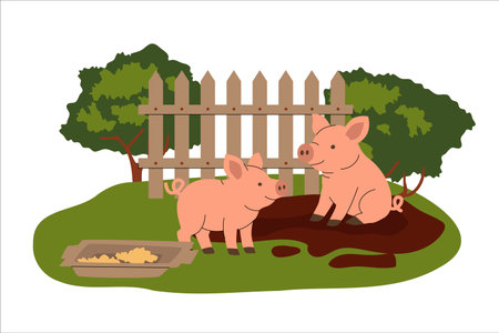 Cute cartoon piglets playing in a muddy farmyard near a wooden fence and trees. Simple flat style illustration with a feeding trough, green grass, and rural background. Vector illustrationのイラスト素材