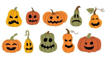 Cartoon Halloween pumpkins with funny and spooky faces in various shapes and colors. Decorative jack o lanterns perfect for autumn, fall, or Halloween themed designs. Vector illustrationのイラスト素材