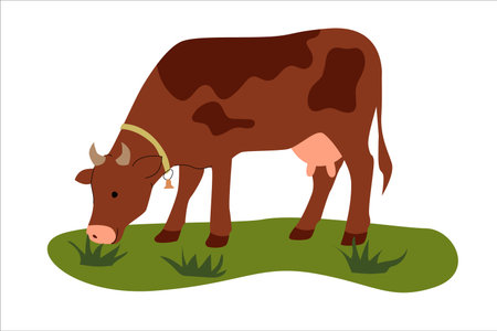 Flat illustration of a brown dairy cow grazing on green grass. Simple cartoon style with minimal details, ideal for farm themes, children books, education, and agricultural content. Vector illustrationのイラスト素材