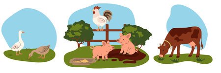 Flat illustration of farm animals including geese, pigs, a rooster, and a cow in separate green pastures with blue sky backgrounds. Cute cartoon style, perfect for kids books, farming themes, and education. Vector illustrationのイラスト素材