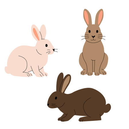 Flat illustration of three rabbits in different colors and poses. Simple cartoon style with clean lines, ideal for childrens books, spring themes, Easter designs, and educational materials. Vector illustrationのイラスト素材
