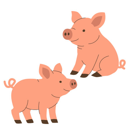 Flat illustration of two pink piglets in playful poses. Cute cartoon style with minimal details, ideal for childrens books, farm themed content, educational materials, and animal designs. Vector illustrationのイラスト素材