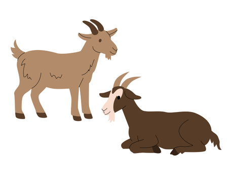 Flat illustration of two goats in different poses, one standing and one lying down. Simple cartoon style with earthy colors, ideal for childrens books, farm themed designs, and educational materials. Vector illustrationのイラスト素材