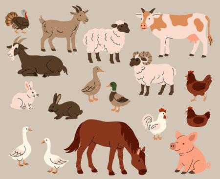 Flat illustration of various farm animals including cow, pig, sheep, goat, duck, goose, turkey, chicken, and rooster. Cute cartoon style on beige background, perfect for childrens books and farm education. Vector illustrationのイラスト素材