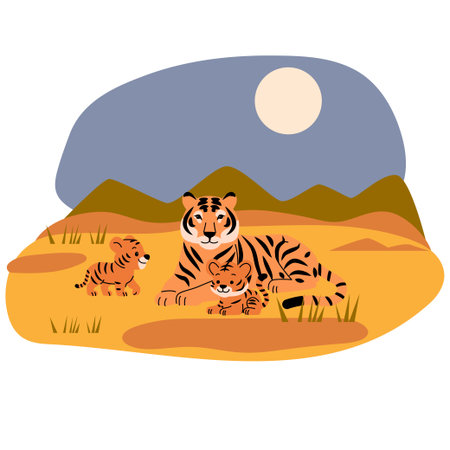 Flat illustration of a tiger with two cubs in a desert landscape with mountains, grass, and a setting sun. Warm tones and cartoon style, perfect for children books, wildlife education, and themed designs. Vector illustrationのイラスト素材