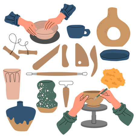 Flat illustration of pottery making tools, hands sculpting and decorating clay, and various ceramic pieces. Includes shaping tools, sponges, and wheel work. Ideal for craft themed content, workshops, and education. Vector illustrationのイラスト素材