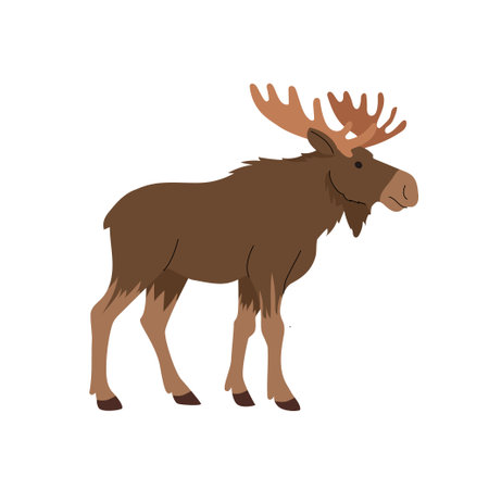 Flat illustration of a moose with large antlers, standing in profile. Simple cartoon style with natural brown tones, ideal for wildlife themes, forest education, and childrens materials. Vector illustrationのイラスト素材