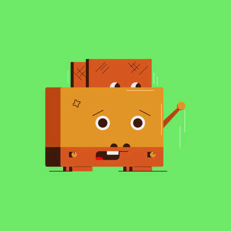 Electric toaster, orange color on a green background.Bread toasting in a toaster, Cartoon toaster with eyes. Electric toaster with a slice of toasted bread, Funny toasts, Kitchen accessories grill toasteのイラスト素材